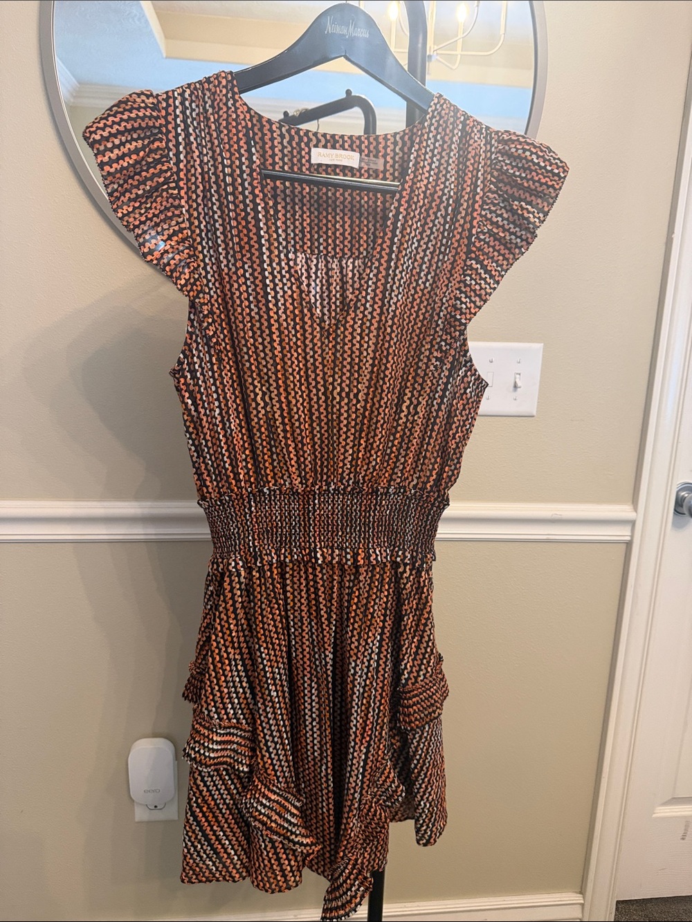 Ramy Brook Orange and Black Patterned Ruffle Mini Dress